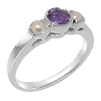 Solid 925 Sterling Silver Natural Amethyst & Cultured Pearl Womens Trilogy Ring - Sizes 4 to 12 Available