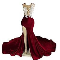 Datangep Velvet High Split Mermaid Evening Dress Trumpet Prom Dress Applique Crystal Celebrity Party Gown Church Train