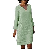 Womens Cotton Linen Shirt Dress Summer Casual Long Sleeve Notched V Neck Loose Knee Length Beach Dresses with Pockets