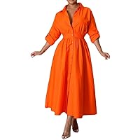 Women's Long Maxi Dress Long Sleeve Button Down Pleated Shirt A-line Dress with Pockets