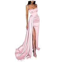 Women's Spaghetti Straps Mermaid Prom Dresses Long with Slit Pleates Wrap Satin Formal Evening Gown