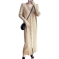 Women's Solid Single-Breasted Pullover Sweater Simple Office V-Neck A-Line Knit Long Dresses