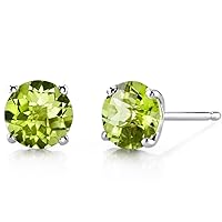 Peora Solid 14K White Gold Peridot Stud Earrings for Women, Genuine Gemstone Birthstone Solitaire, Round Shape, 6mm, 1.75 Carats total, Friction Back