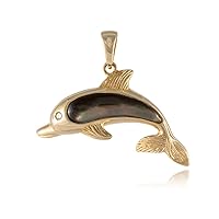 Black Mother Of Pearl Natural Dolphin Pendant, 14k Gold