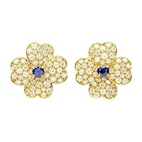 IND CREATION JEWELRY 14K Yellow Gold Finish 0.50Ct Round Cut Created White Diamond & Blue Sapphire Flower Stud Earring 925 Sterling Silver