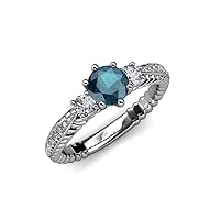 London Blue Topaz & Diamond Three Stone Ring with Diamond on Side Bar 1.55 cttw 14K White Gold