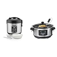 Hamilton Beach Digital Programmable Rice Cooker & Food Steamer & Portable 6 Quart Set & Forget Digital Programmable Slow Cooker Lock, Dishwasher Safe Crock & Lid, Temperature Probe, Stainless Steel