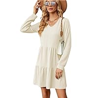 Retro V-Neck Dress for Women Long-Sleeved -Length Autumn and Winter Casual Loose A-line