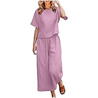 Spring Outfits For Women 2024 Cotton Linen Short Sleeve Crop Top Crop Wide Leg Pants Loose Fit Solid Color Tracksuit Clubwear