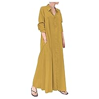 Casual Beach Dress for Women Basic Loose Fit Long Sleeve Button Up Maxi Shirt Dress with Pockets