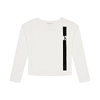 Calvin Klein Girls' Long Sleeve Logo Design Crewneck T-Shirt, White Vertical