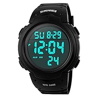 SKMEI Mens Digital Watches Waterproof LED Backlight Large Number Display Multifunction Sport Wristwatch, Black, Digital