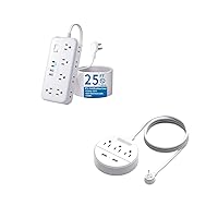 25ft Flat Extension Cord with Surge Protection + 10ft Travel Power Strip, 3 Side 10 Widely AC Outlets with 4 USB Ports (2 USB C) + 3 AC Outlets with 2 USB Ports, for Your Home Office and Travel