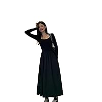 Vintage Square Collar Maxi Dresses for Women Clothing Lady Casual Black Pockets Bodycon Midi Dress Autumn