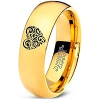 Floral Paisley Heart Shaped Ring - Tungsten Band 8mm - Men - Women - 18k Rose Gold Step Bevel Edge - Yellow - Grey - Blue - Black - Brushed - Polished - Wedding - Gift Dome Flat