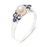 925 Sterling Silver Cultured Pearl & Sapphire Womens Cluster Anniversary Ring