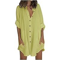 Women's Button Down Shirt Dress Round Neck Casual Summer Solid Color Flowy Beach Swing 3/4 Sleeve Knee Length Line Dress Yellow