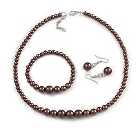 Brown Glass Bead Necklace/Stretch Bracelet/Drop Earrings Set - 44cm L/ 4cm Ext