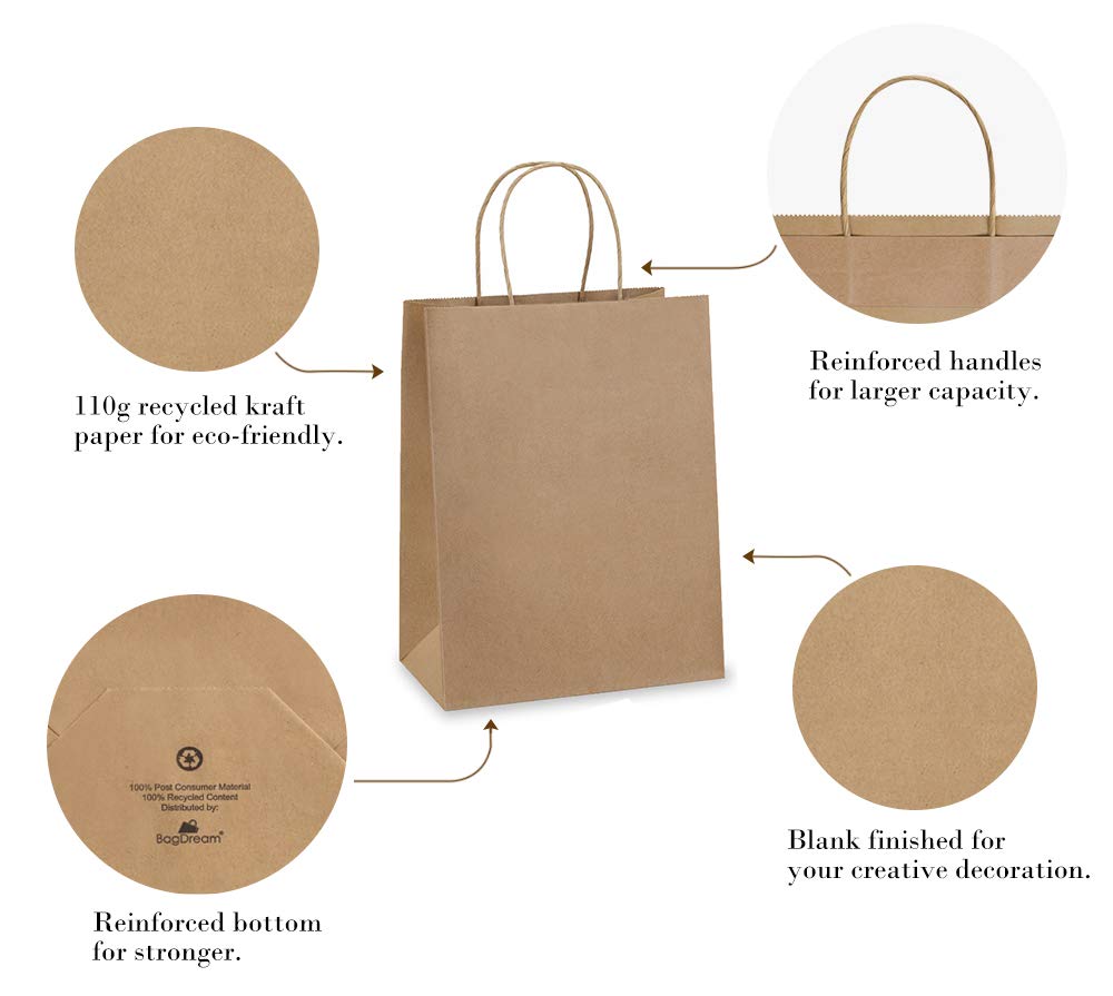 BagDream 50Pcs Gift Bags 8x4.25x10.5 Paper Gift Bags with Handles Bulk, Paper Bags, Shopping Bags, Kraft Bags, Retail Bags, Party Bags Brown