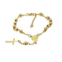 Stainless Steel Rosary Beads Catholic Prayer Cross Bracelet Adjustable, Silver Gold