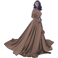 Off Shoulder Satin Prom Dresses Ball Gown Formal Dresses for Women Wedding Dress with Slit and Pockets