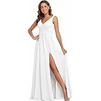 V Neck Split Bridesmaid Dresses Long Chiffon Formal Dresses for Wedding Guest Ruched A-Line Prom Dress 2021