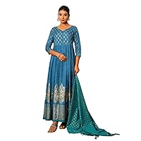 Blue FOIL Printed Long Anarkali Dress with Dupatta, (2PC Set), M