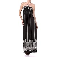 Vertical Stripes Print Beaded Halter Smocked Bodice Long/Maxi Dress