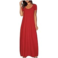 Women Short Sleeve Loose Plain Casual Long Maxi Dresses with Pockets