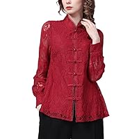 Vintage Chinese Style Red Lace Shirt Spring Long Sleeve Stand-Up Collar Hollow Design Women Tops Floral Blouses