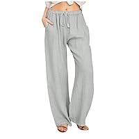 Wide Leg Pants for Women Solid Cotton Linen Drawstring Trousers Elastic Waist Long Pockets Baggy Pant Leisure Trouser