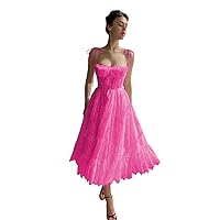 Embroidered Spaghetti Straps Prom Dresses Tea Length Formal Evening Gowns A-Line Princess Party Dress with Pockets