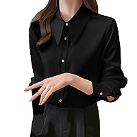 Women Long Sleeve Button Down Shirts Office Ladies Korean Silk Satin Blouses Casual Loose Work Shirt