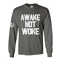 Men's Awake Not Woke Patriotic American Flag Long Sleeve T-Shirt Graphic Tee