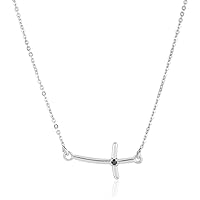 Vanbelle Sterling Silver Jewelry - Rhodium Plated with 925 Stamp - Sideway Cross Pendant Necklace - Black Natural Diamond - Elegant handcrafted for Women - 16