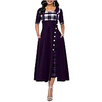 Elegant Midi Dress for Women,Summer Half Sleeve Plaid Print Button Long Dresses,Female Casual Patchwork Irregular Party Dress