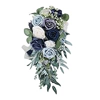 Christmas Halloween Artificial Flowers Holding Cascading Brides Bouquet for Romantic Wedding Scene Layout Photo Shooting (Blue)