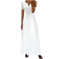 Women Lace Short Sleeve Button V Neck White T-Shirt Dress Summer Fashion Casual Elegant High Waist Maxi A-Line Dress