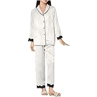 Floral Print Silk Pajamas Set for Women 2Pcs Lace Trim Outfit Button Up Long Sleeve Shirts & Pants Loungewear Sets