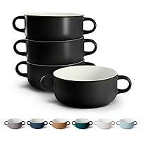 Kook Soup Crocks, Ceramic Bowls, Broil, Oven, Microwave and Dishwasher Safe, with Handles, For Casserole, Pasta, Cereal, 18 oz, Set of 4 (Black)