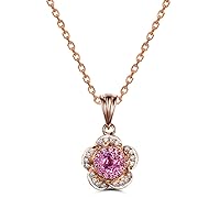 Pink Sapphire Solid 14k Rose Gold Diamond Pendant Flower Halo 925 Sterling Silver Necklace Women Vintage