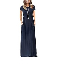 Women's Bohemian Flowy Short Sleeve Long Floor Maxi Beach Round Neck Trendy Dress Swing Casual Summer Solid Color