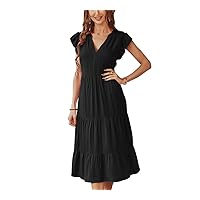 Women's V-Neck Ruffle Sleeves Solid Color Long Dress Casual Vacation Dress