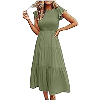 Women Ruffle Tiered Smocked High Waist A-Line Dress Summer Frill Cap Sleeve Keyhole Back Casual Flowy Solid Dresses