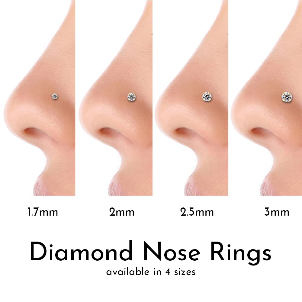 14K White Gold Diamond Nose Ring | USA Made Gold Nose Stud I1 Clarity - 20 Gauge Genuine Diamond Nose Stud for Women