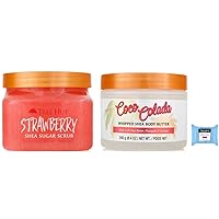 Tree Hut Shea Sugar Body Scrub Strawberry and Body Butter Coco Colada, with Single Fragrance-Free Makeup Remover Cleansing Towelette