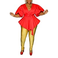 ECHOINE Women Plus Size Pleated Dress V Neck Puff 3/4 Sleeve Ruffle Peplum Blouse Tunics Dresses Red XXXL