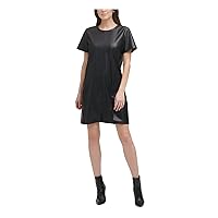 DKNY Womens Faux Leather Zippered Darted Unlined Short Sleeve Crew Neck Mini Party Shift Dress