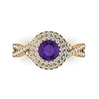 1.5 ct Round Cut Solitaire double halo Natural Purple Amethyst Accent Anniversary Promise Engagement ring 18K Yellow Gold