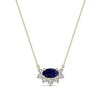 Oval Blue Sapphire & Round Natural Diamond 1/3 ctw Women Pendant Necklace. Included 16 Inches Chain 14K Gold